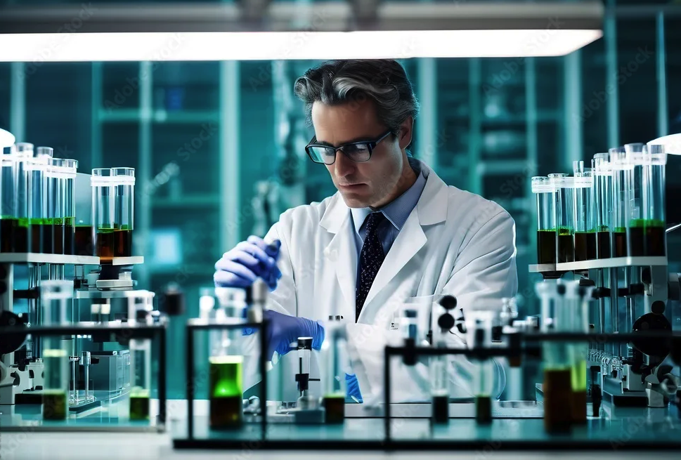 Research professional working with laboratory glassware and samples.